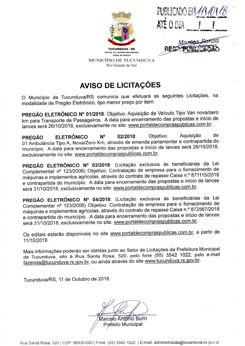 AVISO DE LICITAÇÕES - PREGÃO ELETRÔNICO Nº 01/2018, 02/2018, 03/2018 E 04/2018